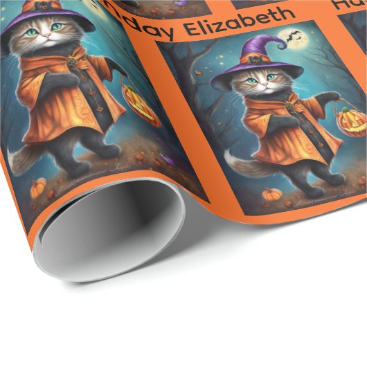 Halloween Verjaardag Personaliseer Naam Heksenkat Cadeaupapier (Rol Hoek)