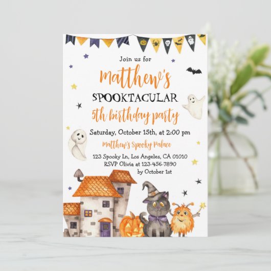 Halloween Verjaardag Uitnodiging Spooky Kostuum Pa (Staand voorkant)