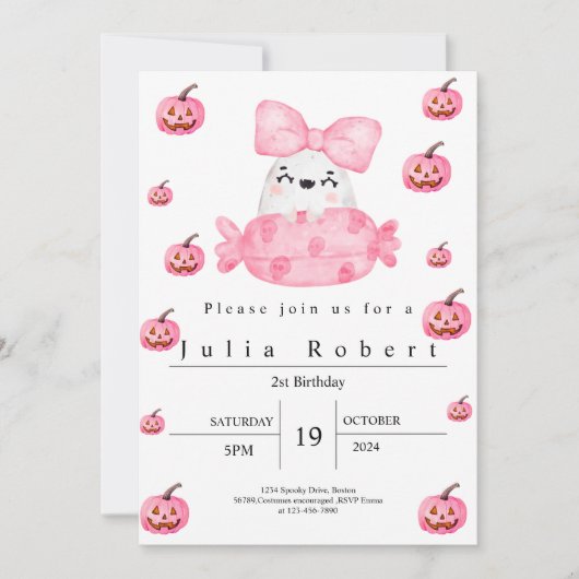 Halloween Verjaardag waterverf roze pompoen spook Kaart (Voorkant)