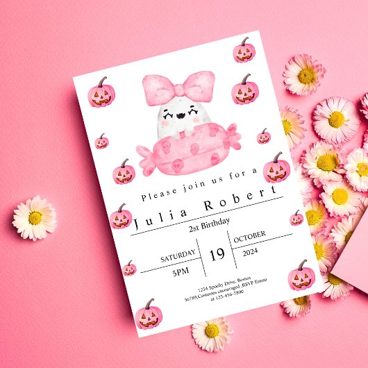 Halloween Verjaardag waterverf roze pompoen spook Kaart