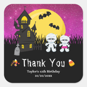 Halloween Verjaardagsfeest Mummie Roze Vierkante Sticker