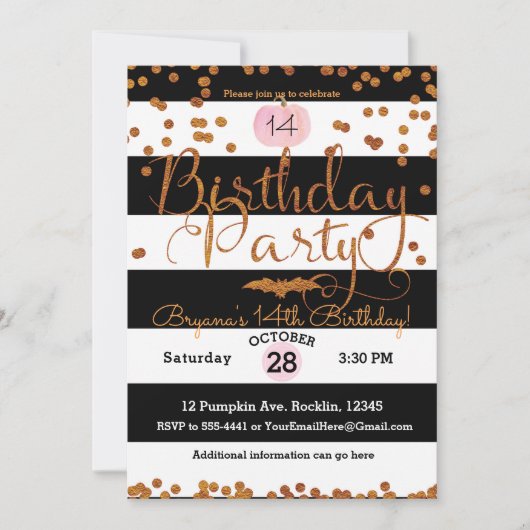 Halloween Verjaardagsfeest Zwart Wit Roze Sinaasap Kaart (Voorkant)