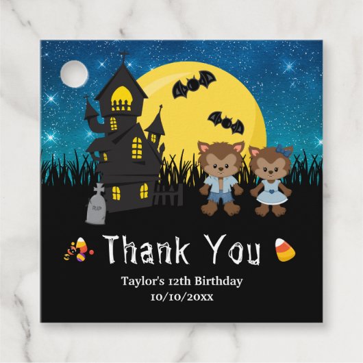 Halloween Verjaardagsfeestje Weerwolf Blauw Bedankjes Labels (Voorkant)