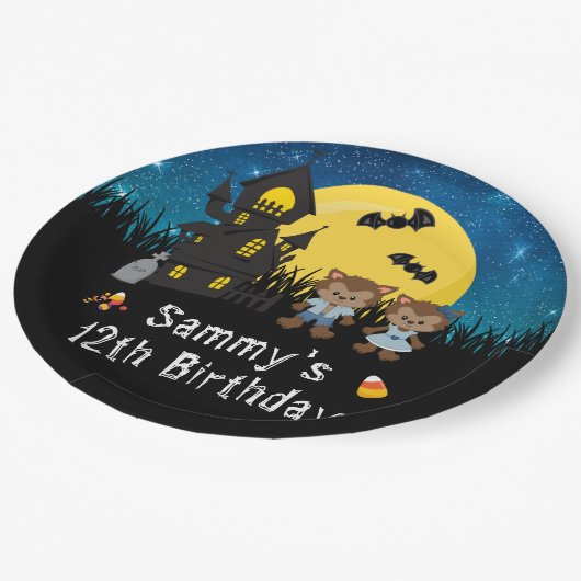 Halloween Verjaardagsfeestje Weerwolf Blauw Papieren Bordje (Gekanteld)