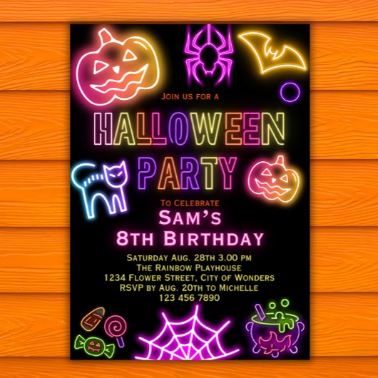 Halloween Verjaardagsuitnodiging Kinder Neon Party Kaart