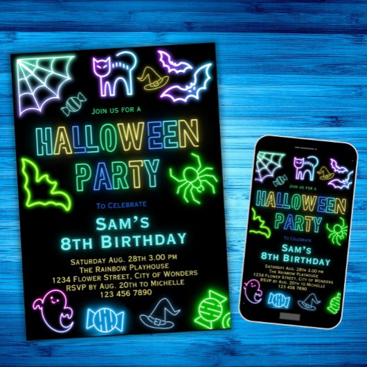 Halloween Verjaardagsuitnodiging Kinder Neon Party Kaart