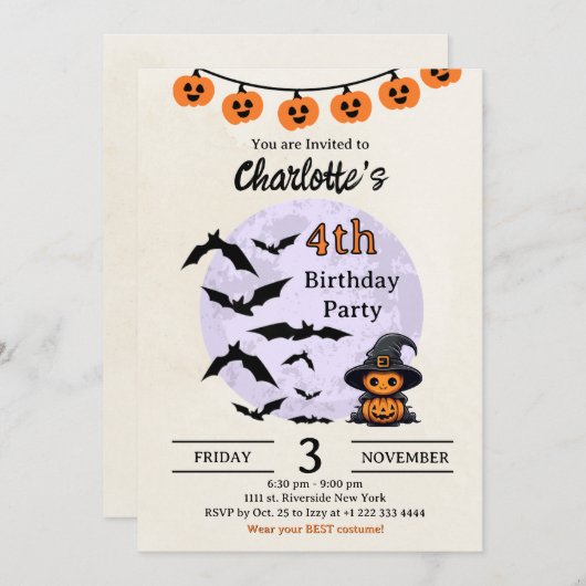 Halloween verjaardagsuitnodiging voor kinderen kaart (Voorkant / Achterkant)