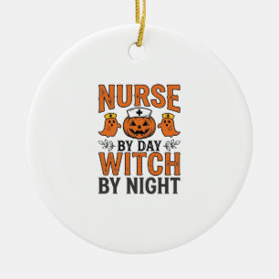 Halloween Verpleegster Heks Bij Nacht Vintage Shir Keramisch Ornament