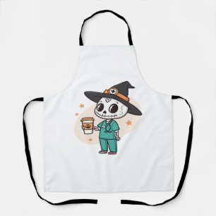 Halloween-verpleegster met koffie die heksenhoed d schort
