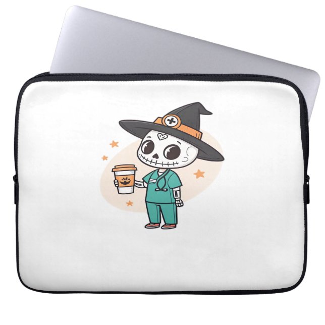 Halloween Verpleegster met Koffie Dragen Heksen Pe Laptop Sleeve (Voorkant)