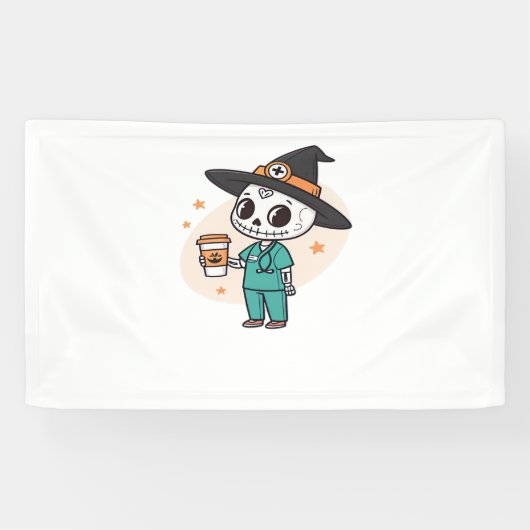 Halloween Verpleegster met Koffie Dragen Heksen Pe Spandoek (Horizontaal)