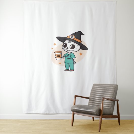 Halloween Verpleegster met Koffie Dragen Heksen Pe Wandkleed (In situ)