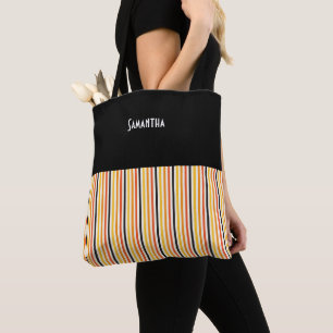 Halloween Vertical Stripe Oranje Black Gold Name Tote Bag