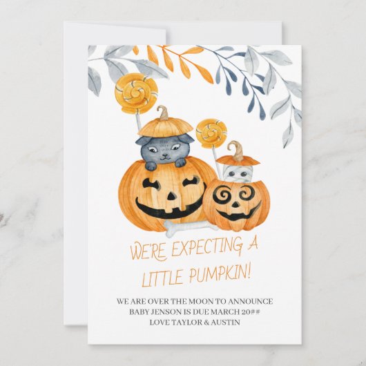 Halloween Verwacht een kleine pompoen zwangerschap Aankondiging (Voorkant)