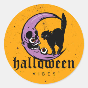 Halloween Vibes Scary Moon and Cat Grunge Style Ronde Sticker