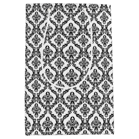 Halloween Victoriaans Damask Brocade Zwart op Wit Medium Cadeauzakje (Voorkant)