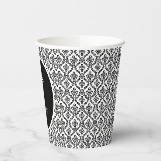 Halloween Victoriaans Damask Brocade Zwart op Wit Papieren Bekers (Links)