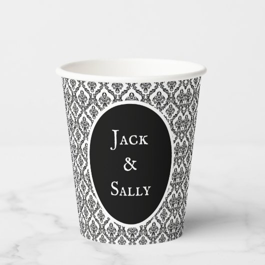 Halloween Victoriaans Damask Brocade Zwart op Wit Papieren Bekers (Voorkant)