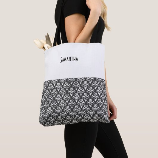 Halloween Victoriaans Damask White Blk Naam Tote Bag (Dichtbij)