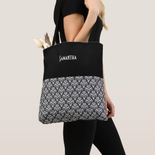 Halloween  Victoriaans Damask White Blk Naam Tote Bag