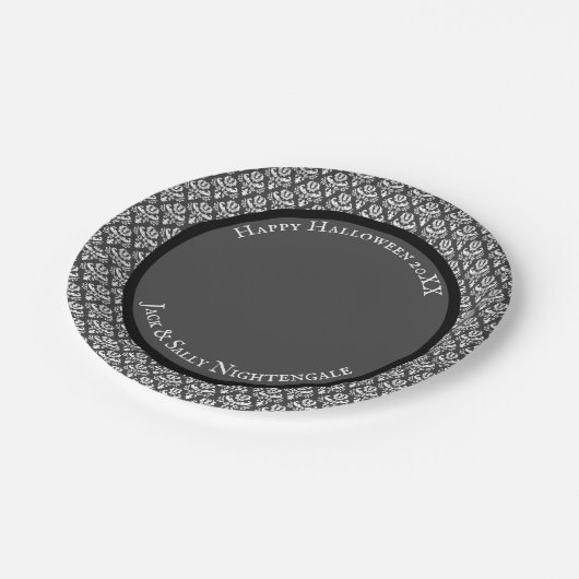 Halloween  Victoriaans Damask White op zwart Papieren Bordje (Gekanteld)