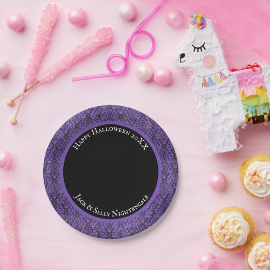 Halloween Victoriaans Paars & Zwart Brokaat Damast Papieren Bordje (Feest)