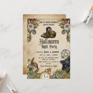 Halloween vintage griezelige heksenhoed ketel kaart