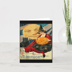 Halloween Vintage Heks Maan Zwart Kat Maan Kaart