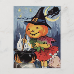 Halloween Vintage Pompoen Heks MaanAnsichtkaart Feestdagenkaart