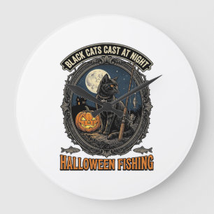 Halloween Vissende Kat Vintage Pompoen Design_1 Grote Klok