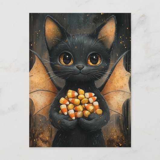 Halloween Vleermuis Kat Met Snoep Briefkaart (Voorkant)