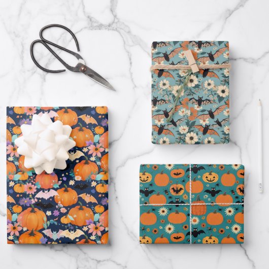 Halloween vleermuizen pompoenen en bloemen inpakpapier vel (Voorkant)