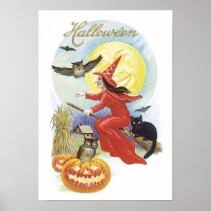 Halloween, vliegende heks met een zwarte kat Poster