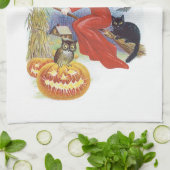  Halloween, vliegende heks met een zwarte kat Theedoek (Gevouwen)