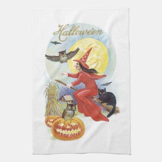  Halloween, vliegende heks met een zwarte kat Theedoek (Verticaal)