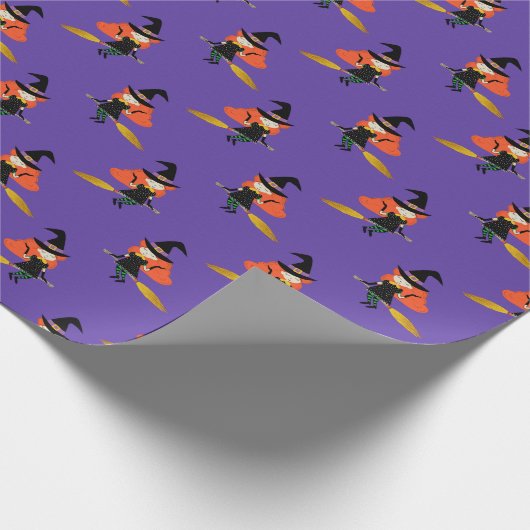 Halloween Vliegende Schattigee Heks met bezem Paar Cadeaupapier (Hoek)