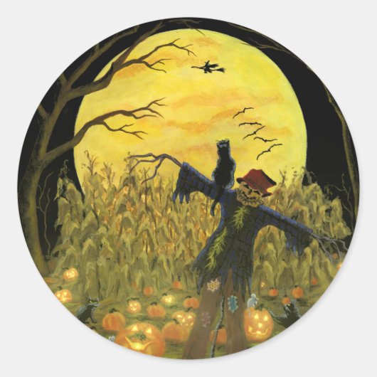 Halloween vogelverschrikker in pompoen patch stick ronde sticker (Voorkant)