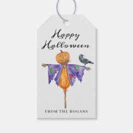 Halloween-vogelverschrikker met pompoen cadeaulabel