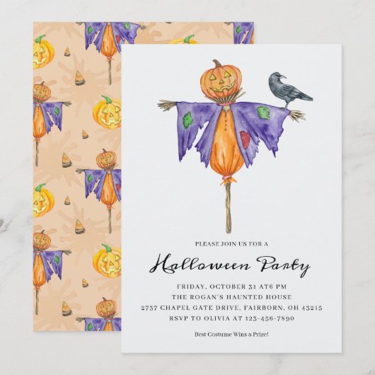 Halloween-vogelverschrikker met pompoenfeest kaart (Voorkant / Achterkant)