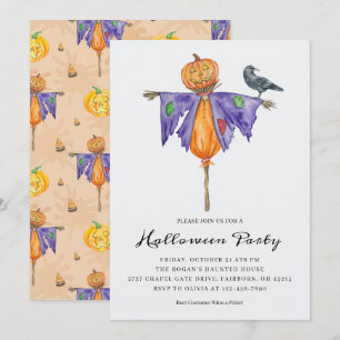 Halloween-vogelverschrikker met pompoenfeest kaart