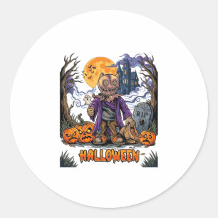 Halloween vogelverschrikker snoepzak pompoenen hek ronde sticker