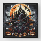 Halloween vogelverschrikker trio onder een volle m vierkante klok (Voorkant)