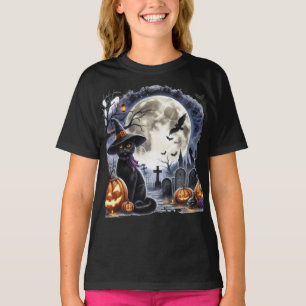 Halloween Volle Maan en Zwarte Kat T-shirt