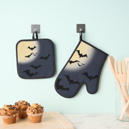 Halloween volle maan met vleermuizen ovenwant & pannenlap set (Insitu(Ophanging))