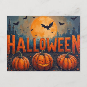 Halloween Volle Maan Pompoenen en Vleermuizen Feestdagenkaart