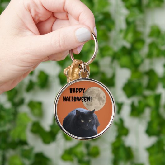 Halloween Volle Maan Zwarte Kat Sleutelhanger (Hand)