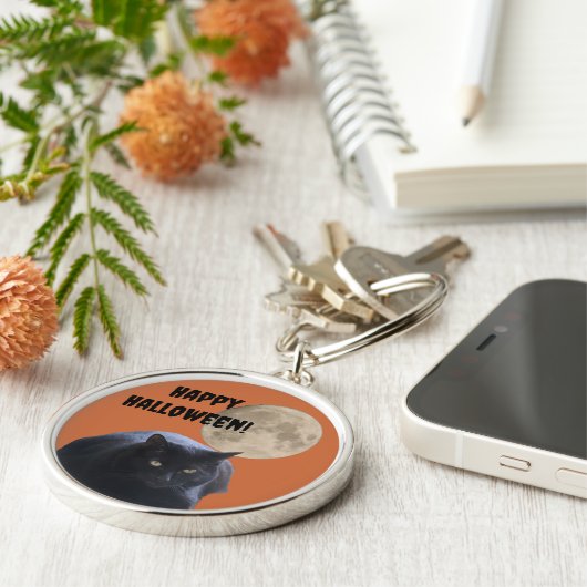Halloween Volle Maan Zwarte Kat Sleutelhanger (Zijkant)