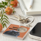 Halloween Volle Maan Zwarte Kat Sleutelhanger (Voorkant Rechts)