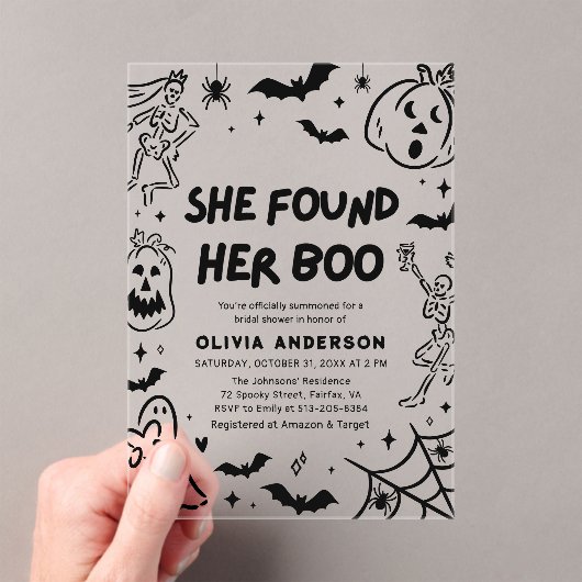 Halloween vond haar Boo Vrijgezellenfeest Acryl Uitnodigingen (Insitu (Draagbaar))