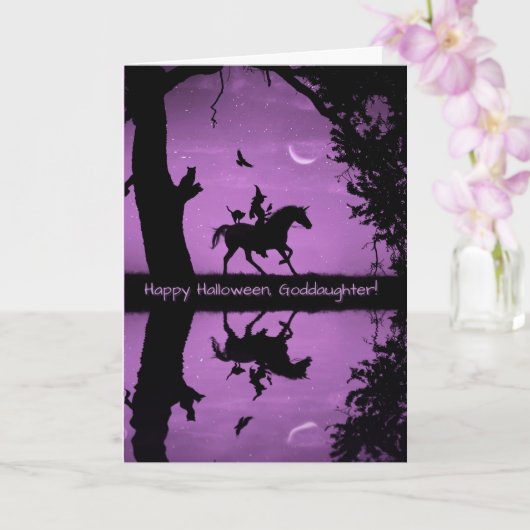 Halloween voor Goddochter Cute Witch en Animals Kaart (Orchidee)